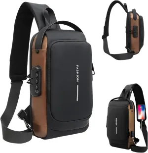 New Carbon Fiber Streamline Anti-Theft Sling Bag,USB charging port Sport Waterproof Shoulder Bag, for Daily Trips, Commutes (Brown)