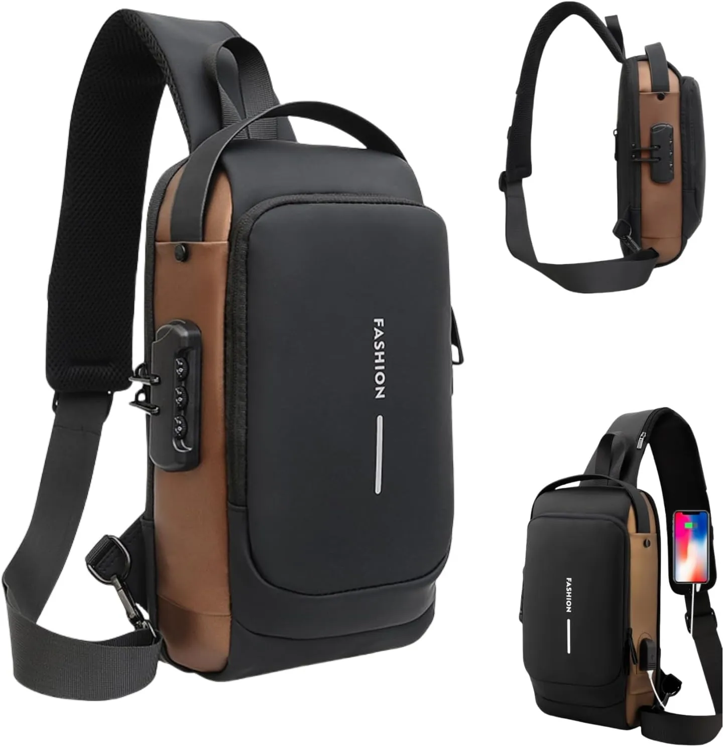 New Carbon Fiber Streamline Anti-Theft Sling Bag,USB charging port Sport Waterproof Shoulder Bag, for Daily Trips, Commutes (Brown)