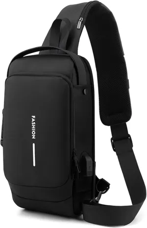 New Carbon Fiber Streamline Anti-Theft Sling Bag,USB charging port Sport Waterproof Shoulder Bag, for Travel Gym Sports (Black)