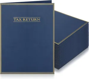 Nezyo 50 Pcs Two Pocket Folders - Letter Size, Dark Blue with Gold Printed Label - Tax Organizer for Storing or Handling Personal/Customer Tax Returns