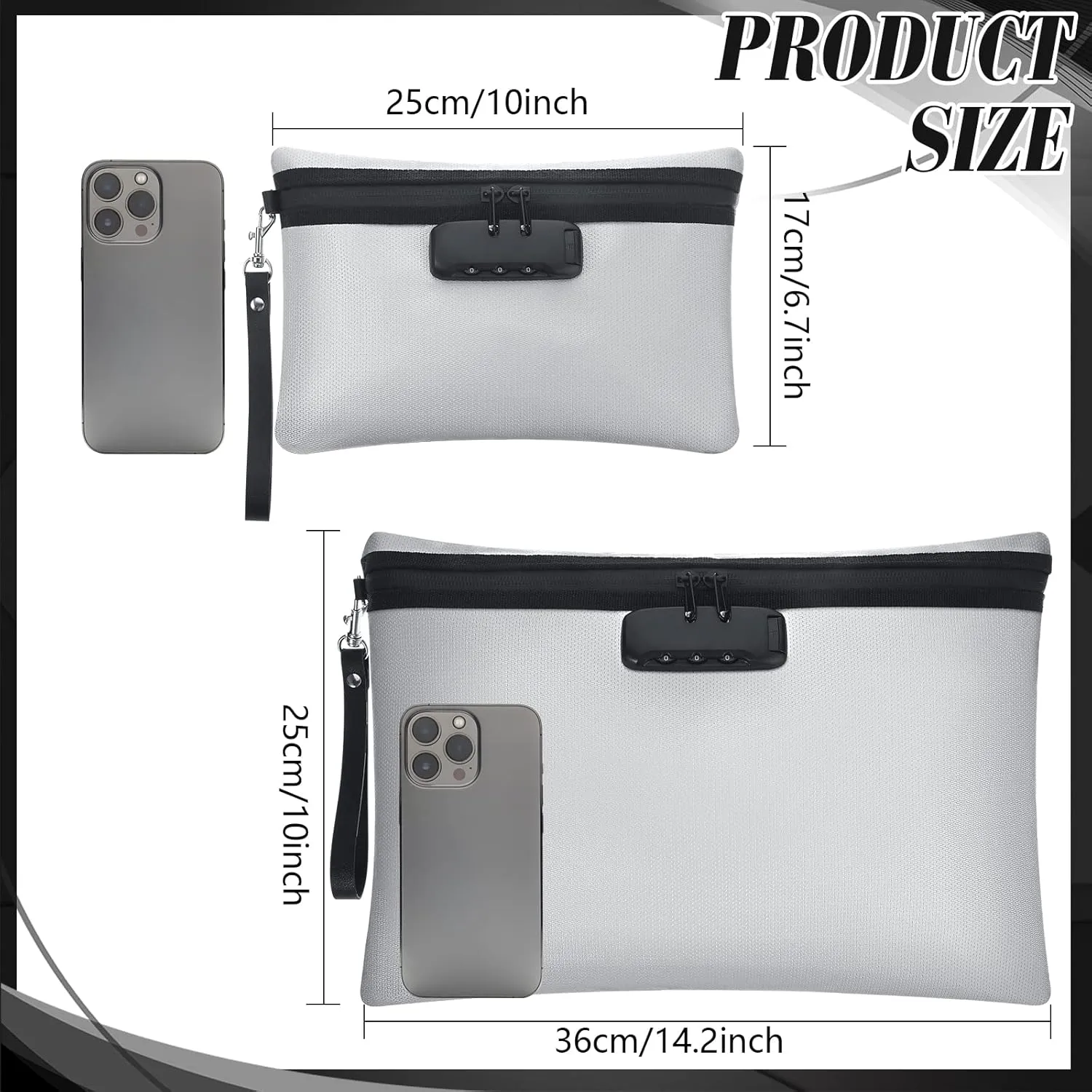 Nezyo Fireproof Safe Money Document Bag with Lock 2 Pcs Notary Journal Waterproof Bag with Zipper for A4 Storage Pouch File Passport Tablet, 14 x 10 Inch and 6.7 x 10 Inch(Grey)
