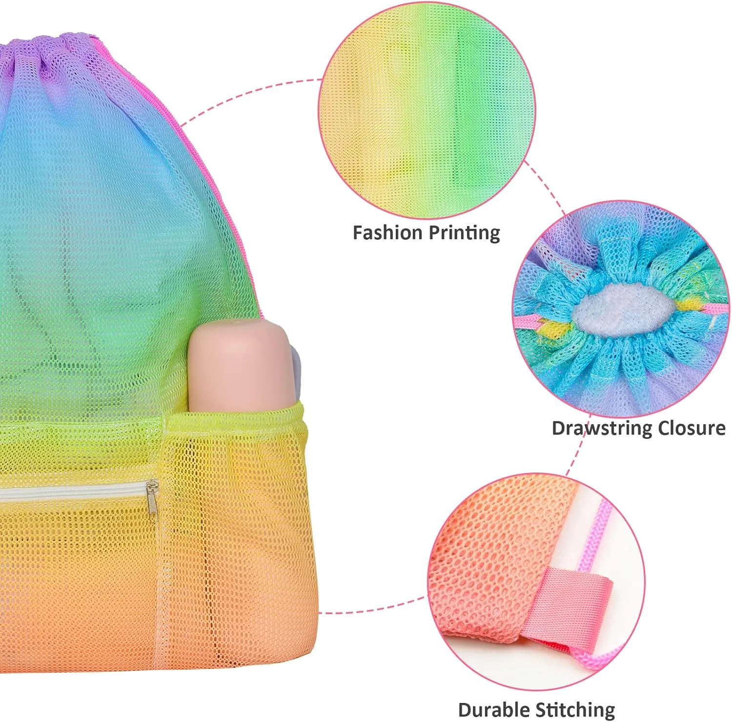 Nidoul Mesh Drawstring Bag with Zipper Pocket, Beach Bag for Swimming Gear Backpack Gym Storage Bag for Adult