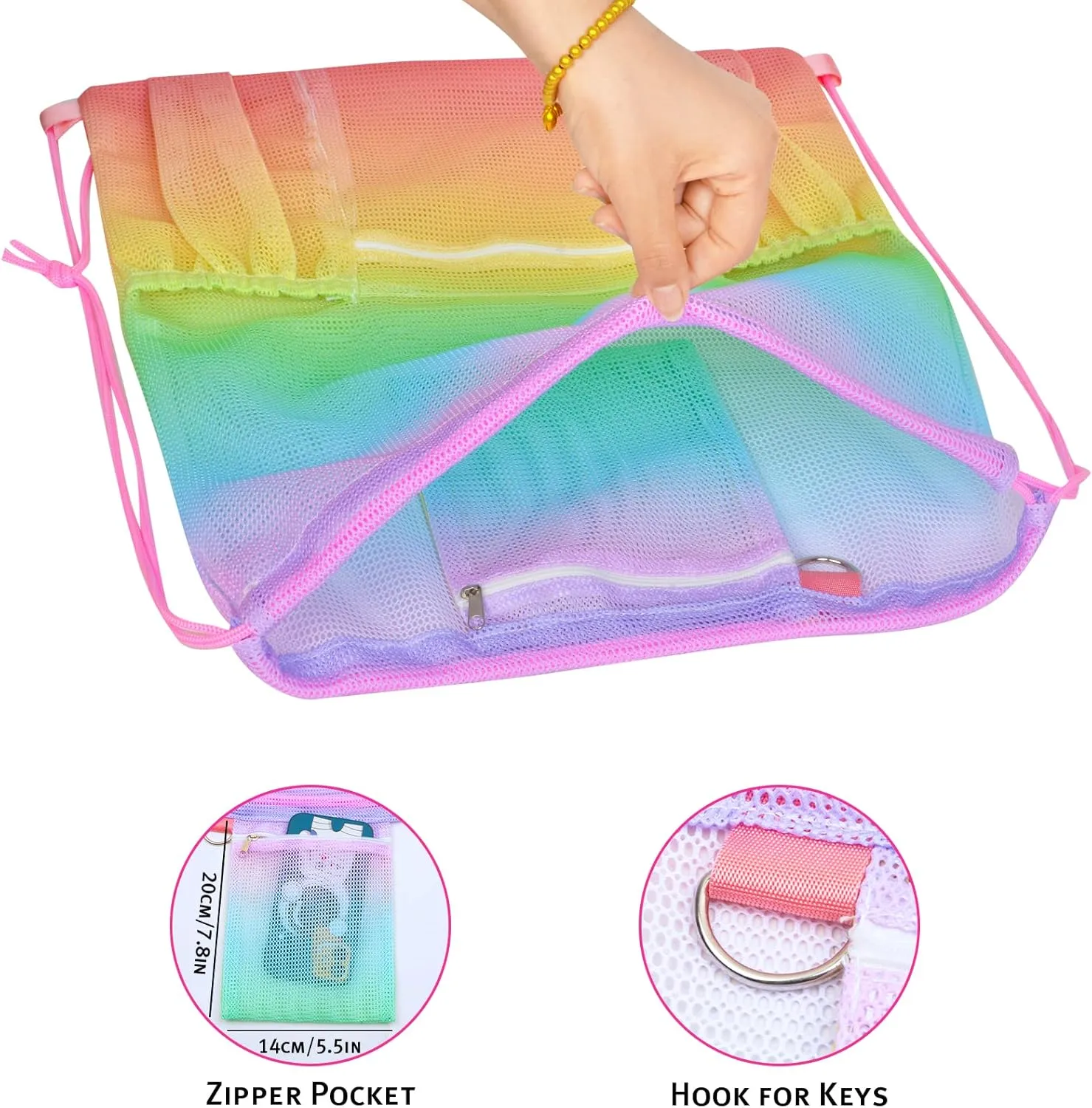 Nidoul Mesh Drawstring Bag with Zipper Pocket, Beach Bag for Swimming Gear Backpack Gym Storage Bag for Adult