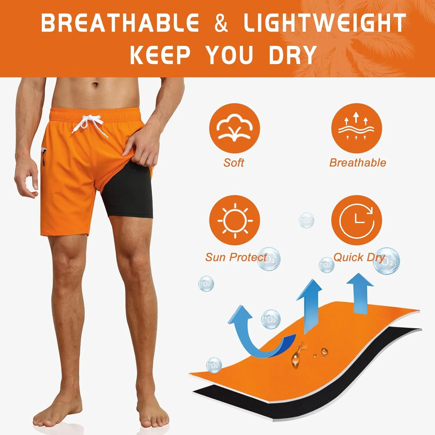 Nonwe Mens Swimming Trunks with Compression Liner 2 in 1 Stretchy Board Shorts with Zipper Pockets