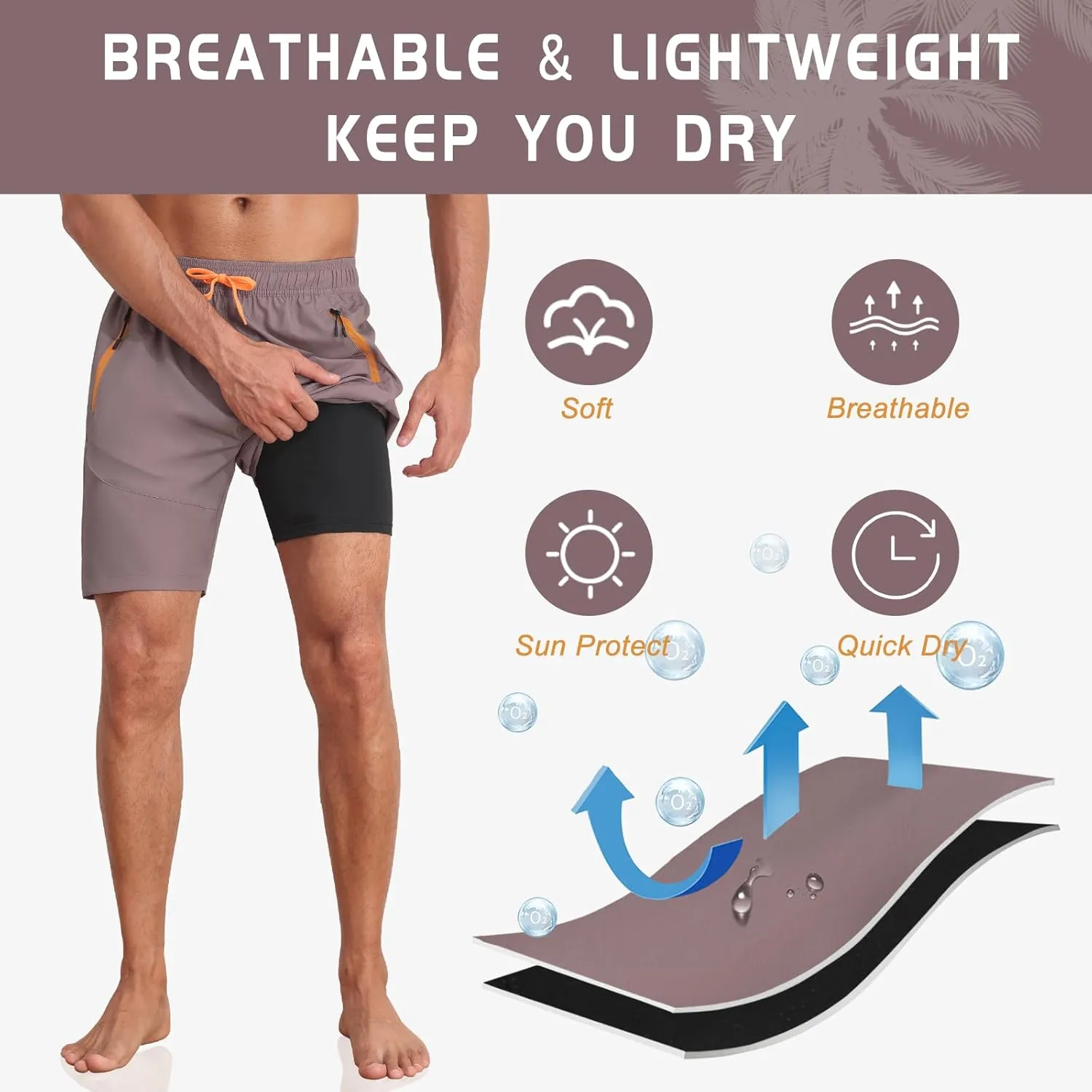 Nonwe Mens Swimming Trunks with Compression Liner 2 in 1 Stretchy Board Shorts with Zipper Pockets