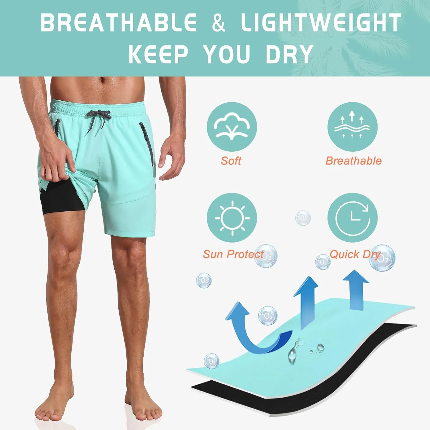 Nonwe Mens Swimming Trunks with Compression Liner 2 in 1 Stretchy Board Shorts with Zipper Pockets