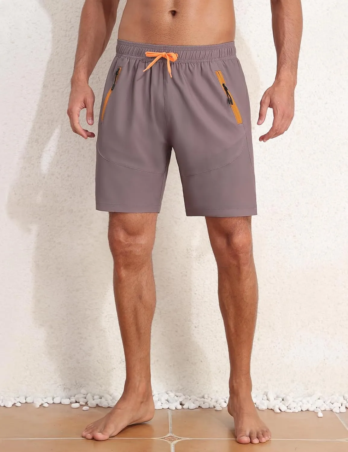 Nonwe Mens Swimming Trunks with Compression Liner 2 in 1 Stretchy Board Shorts with Zipper Pockets