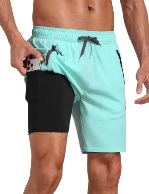 Nonwe Mens Swimming Trunks with Compression Liner 2 in 1 Stretchy Board Shorts with Zipper Pockets
