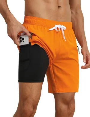 Nonwe Mens Swimming Trunks with Compression Liner 2 in 1 Stretchy Board Shorts with Zipper Pockets
