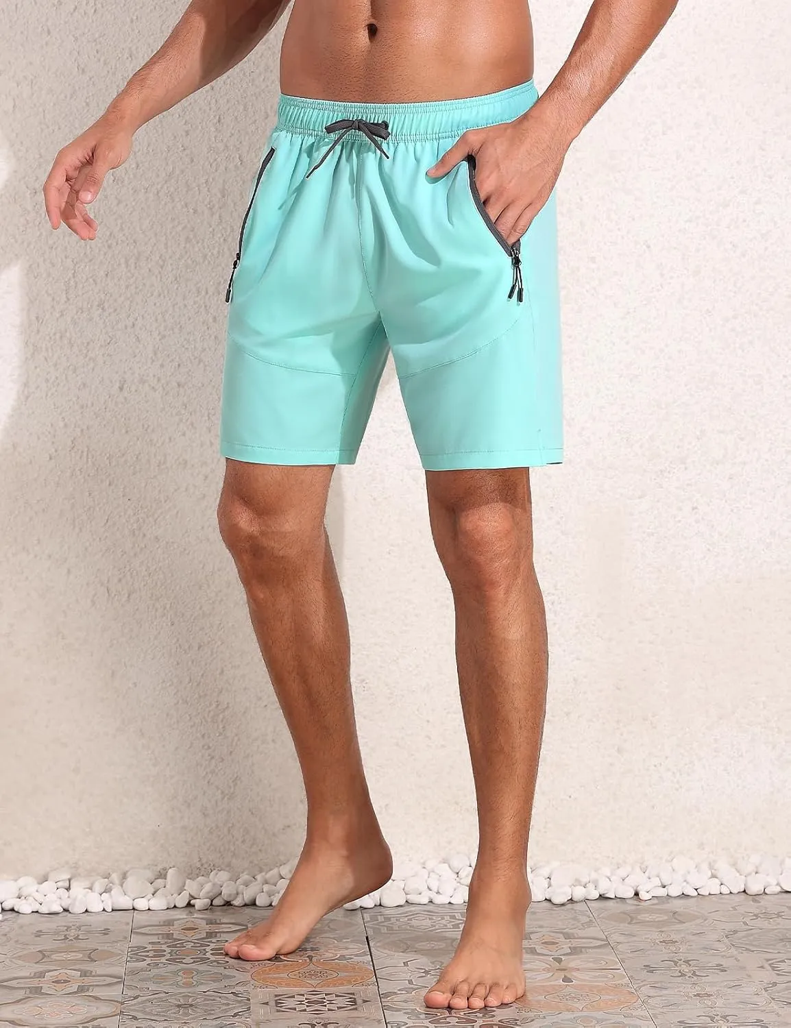 Nonwe Mens Swimming Trunks with Compression Liner 2 in 1 Stretchy Board Shorts with Zipper Pockets