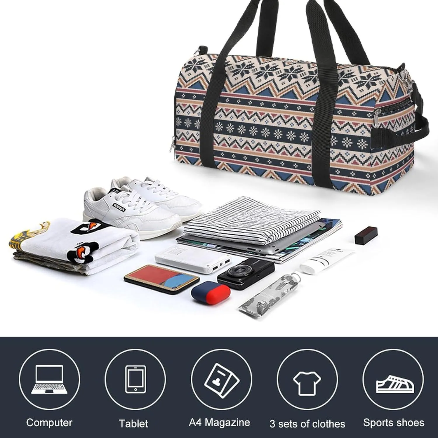 Nordic Pattern Sports Tote Gym Bag for Women Men, Overnight Bag with Shoe Compartment Water Resistant