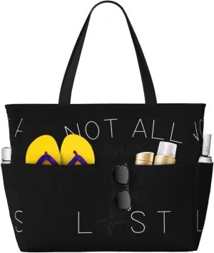 Not All Who Wander Design Large Beach Tote Bag for Women Extra Large Capacity Waterproof Sandproof Pool Bag Suitable for Swimming Pool Gym Travel