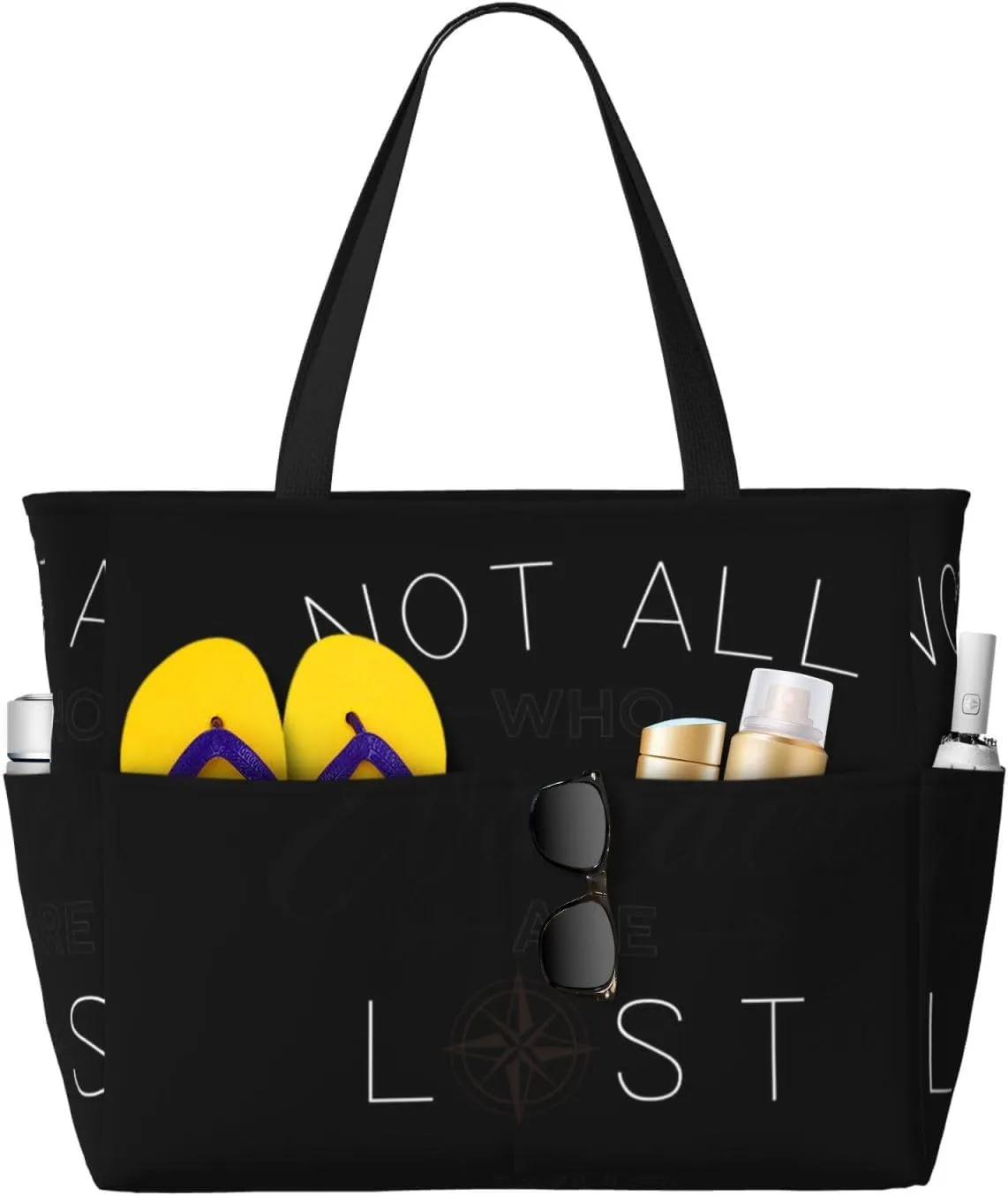 Not All Who Wander Design Large Beach Tote Bag for Women Extra Large Capacity Waterproof Sandproof Pool Bag Suitable for Swimming Pool Gym Travel