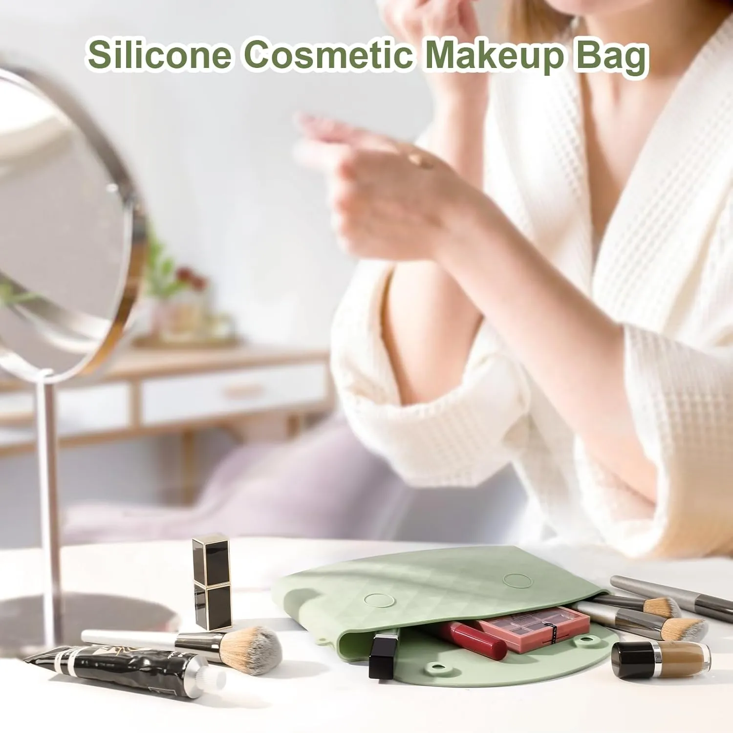 NPET Silicone Travel Makeup Bag with Magnetic Closure, Makeup Bag Organizer Easy Carry Travel Cosmetic Bag Premium Travel Toiletry Bag, Easy Carry Cosmetic Bag Makeup for Beauty Tool, Brushes(Green)