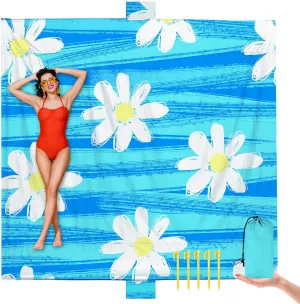 Nylon Daisy Soft Beach Blanket Sandproof Waterproof Extra Large For 1-9 Adults Size 110"x118" With Ground Mails,Pouch Bag, Anti Sand Outdoor Blanket
