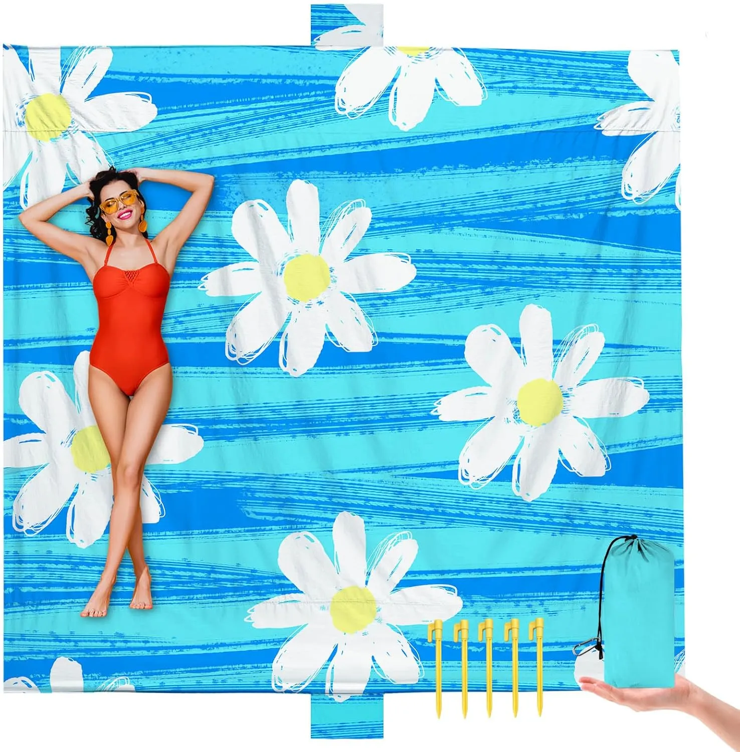 Nylon Daisy Soft Beach Blanket Sandproof Waterproof Extra Large For 1-9 Adults Size 110"x118" With Ground Mails,Pouch Bag, Anti Sand Outdoor Blanket