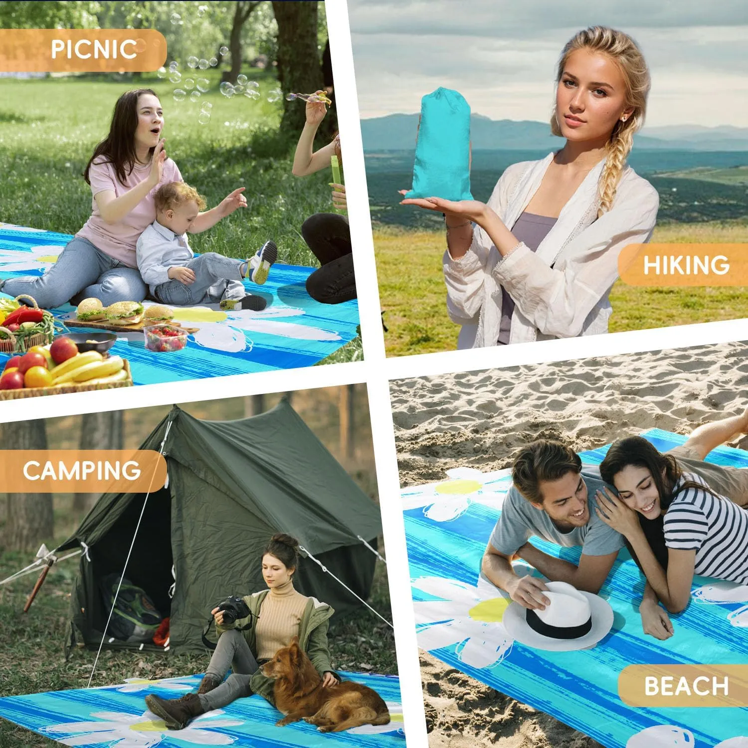 Nylon Daisy Soft Beach Blanket Sandproof Waterproof Extra Large For 1-9 Adults Size 110"x118" With Ground Mails,Pouch Bag, Anti Sand Outdoor Blanket