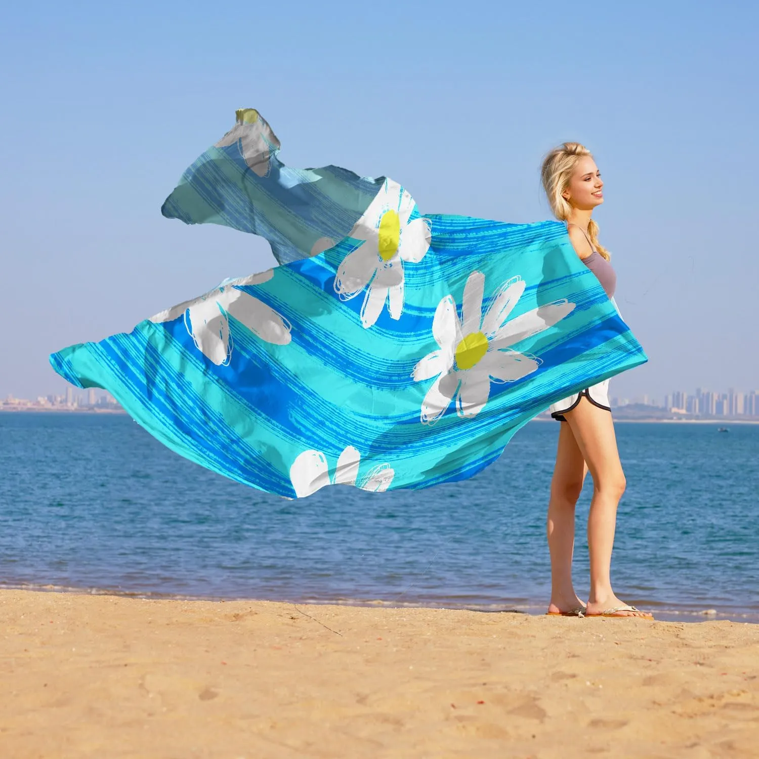 Nylon Daisy Soft Beach Blanket Sandproof Waterproof Extra Large For 1-9 Adults Size 110"x118" With Ground Mails,Pouch Bag, Anti Sand Outdoor Blanket