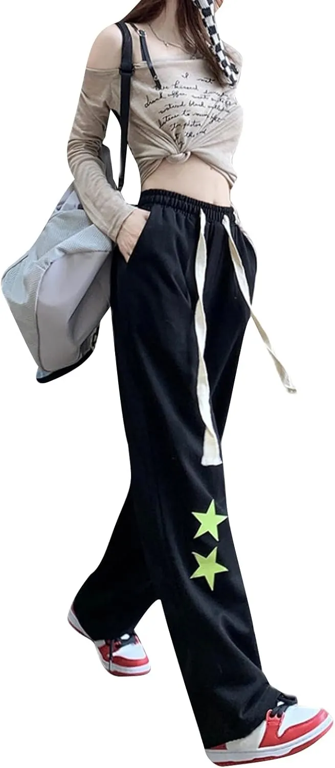 NZNDSHD Women Y2k Star Print Sweatpants Hippie Punk Drawstring Wide Leg Pants High Waist Trousers with Pockets Streetwear