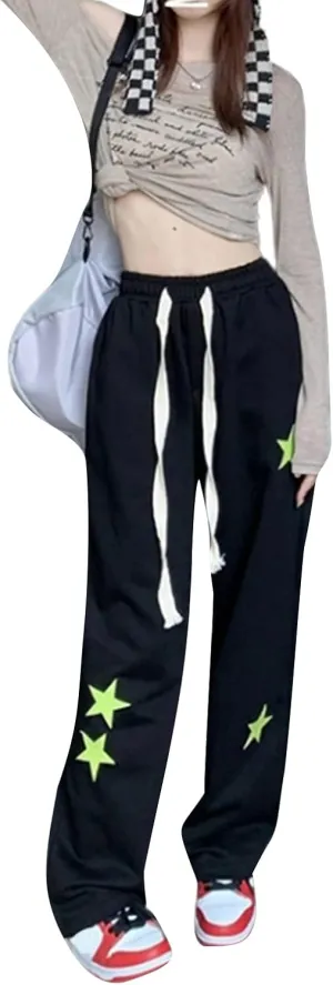 NZNDSHD Women Y2k Star Print Sweatpants Hippie Punk Drawstring Wide Leg Pants High Waist Trousers with Pockets Streetwear