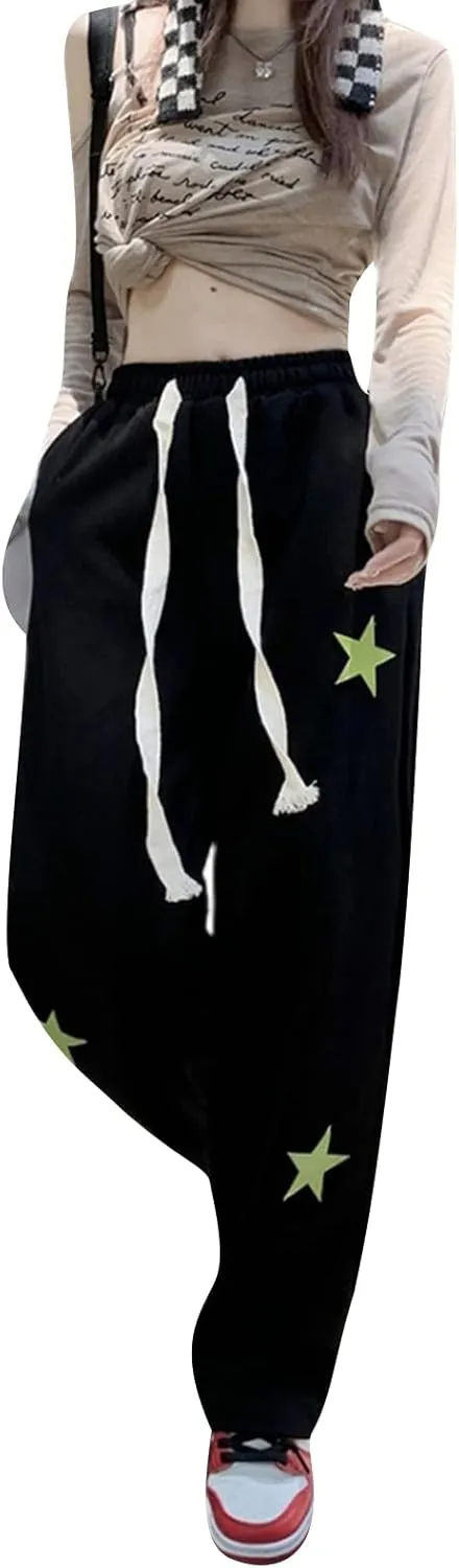 NZNDSHD Women Y2k Star Print Sweatpants Hippie Punk Drawstring Wide Leg Pants High Waist Trousers with Pockets Streetwear