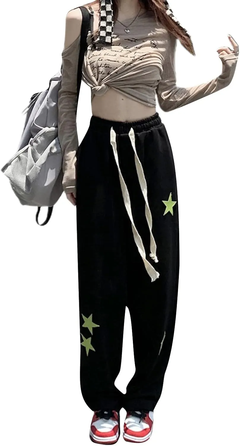 NZNDSHD Women Y2k Star Print Sweatpants Hippie Punk Drawstring Wide Leg Pants High Waist Trousers with Pockets Streetwear
