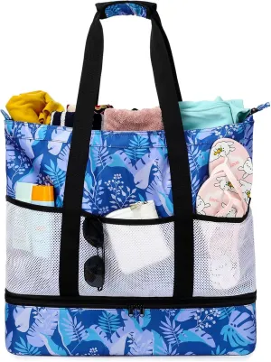 Octsky Beach Bags with Cooler Women Beach Tote Bag Waterproof Sandproof Zipper Large Pool Bag 9 Pockets