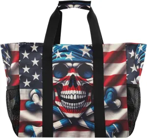 ODAWA American Flag Skull Pirate Portable Pool Beach Tote, Canvas Grocery Tote Bag for Women