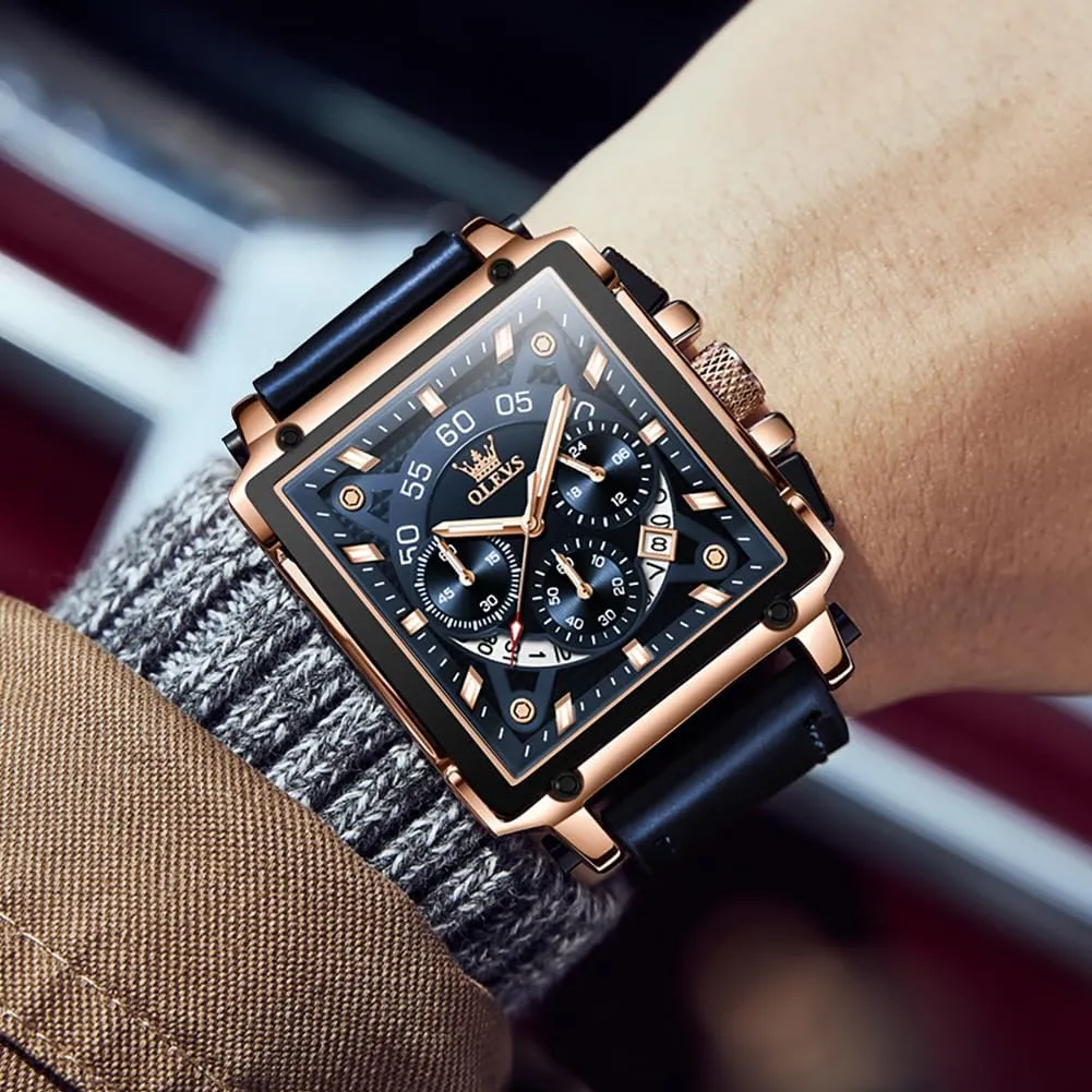 OLEVS Square Watches for Men Brown Leather Chronograph Fashion Business Watch Luminous Waterproof Casual Wrist Watches