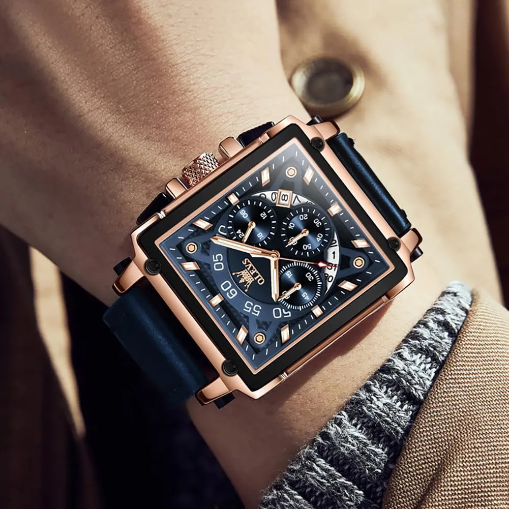 OLEVS Square Watches for Men Brown Leather Chronograph Fashion Business Watch Luminous Waterproof Casual Wrist Watches