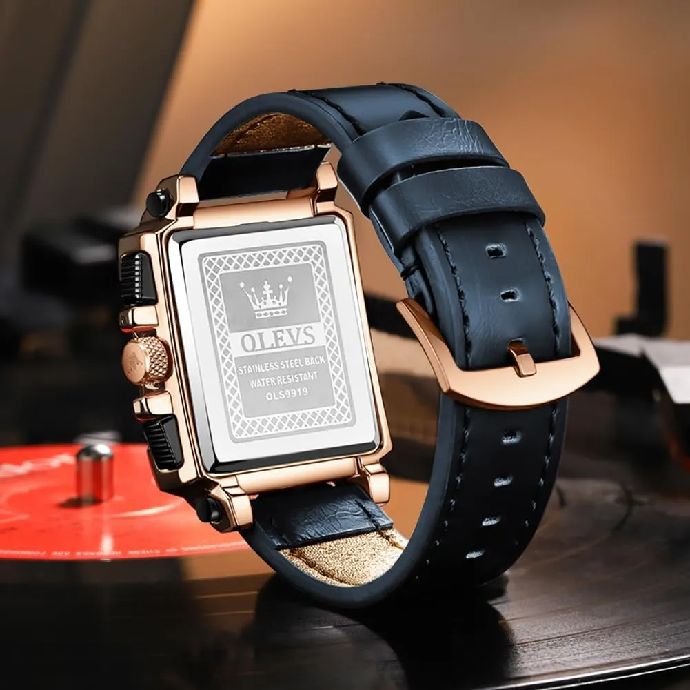 OLEVS Square Watches for Men Brown Leather Chronograph Fashion Business Watch Luminous Waterproof Casual Wrist Watches
