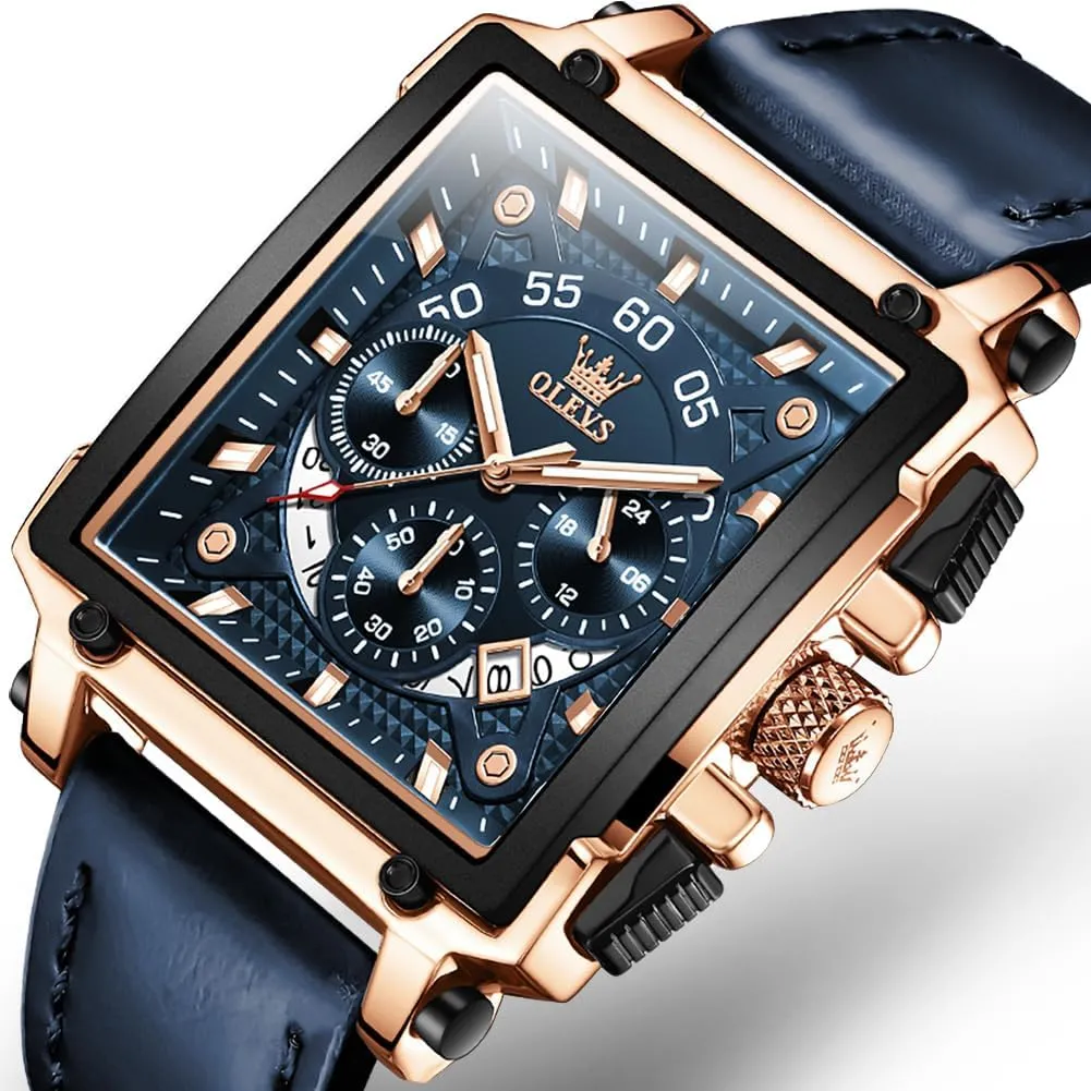 OLEVS Square Watches for Men Brown Leather Chronograph Fashion Business Watch Luminous Waterproof Casual Wrist Watches