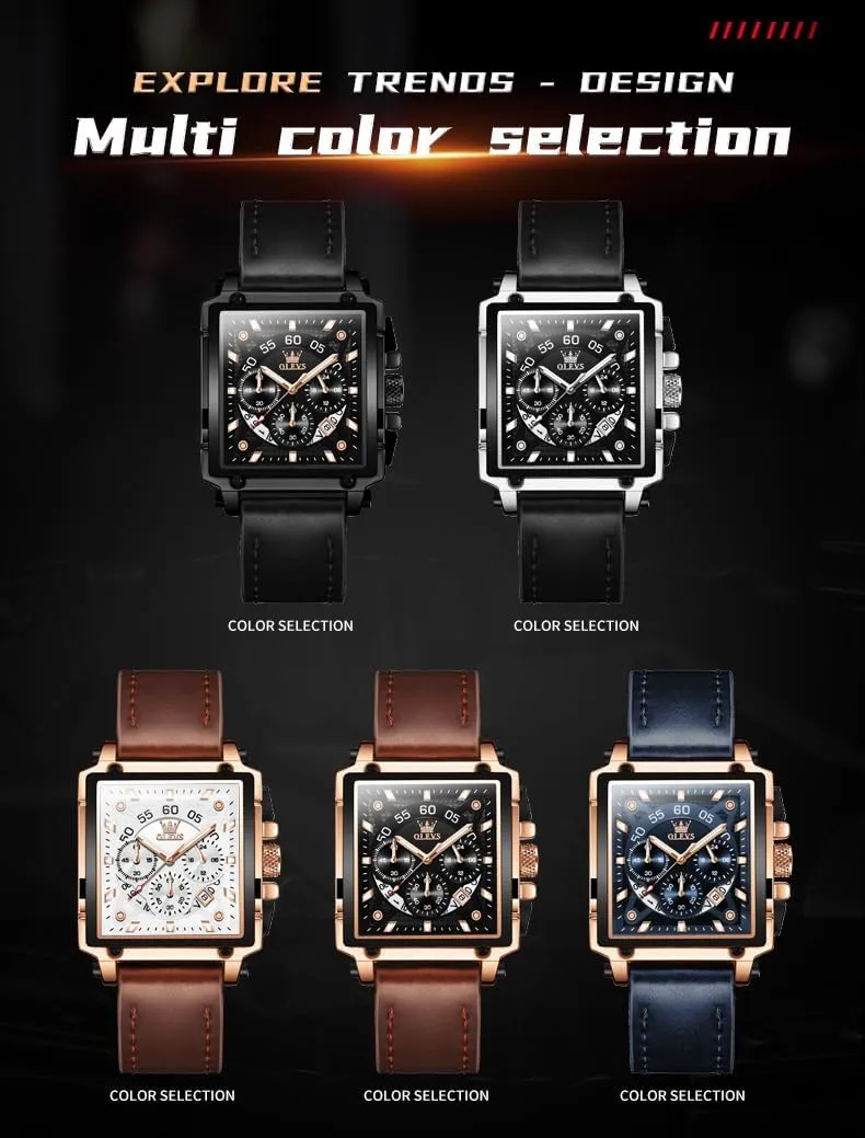 OLEVS Square Watches for Men Brown Leather Chronograph Fashion Business Watch Luminous Waterproof Casual Wrist Watches