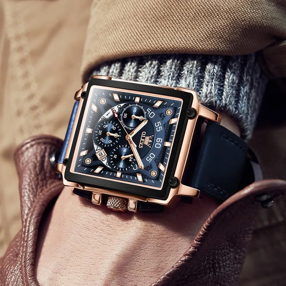 OLEVS Square Watches for Men Brown Leather Chronograph Fashion Business Watch Luminous Waterproof Casual Wrist Watches
