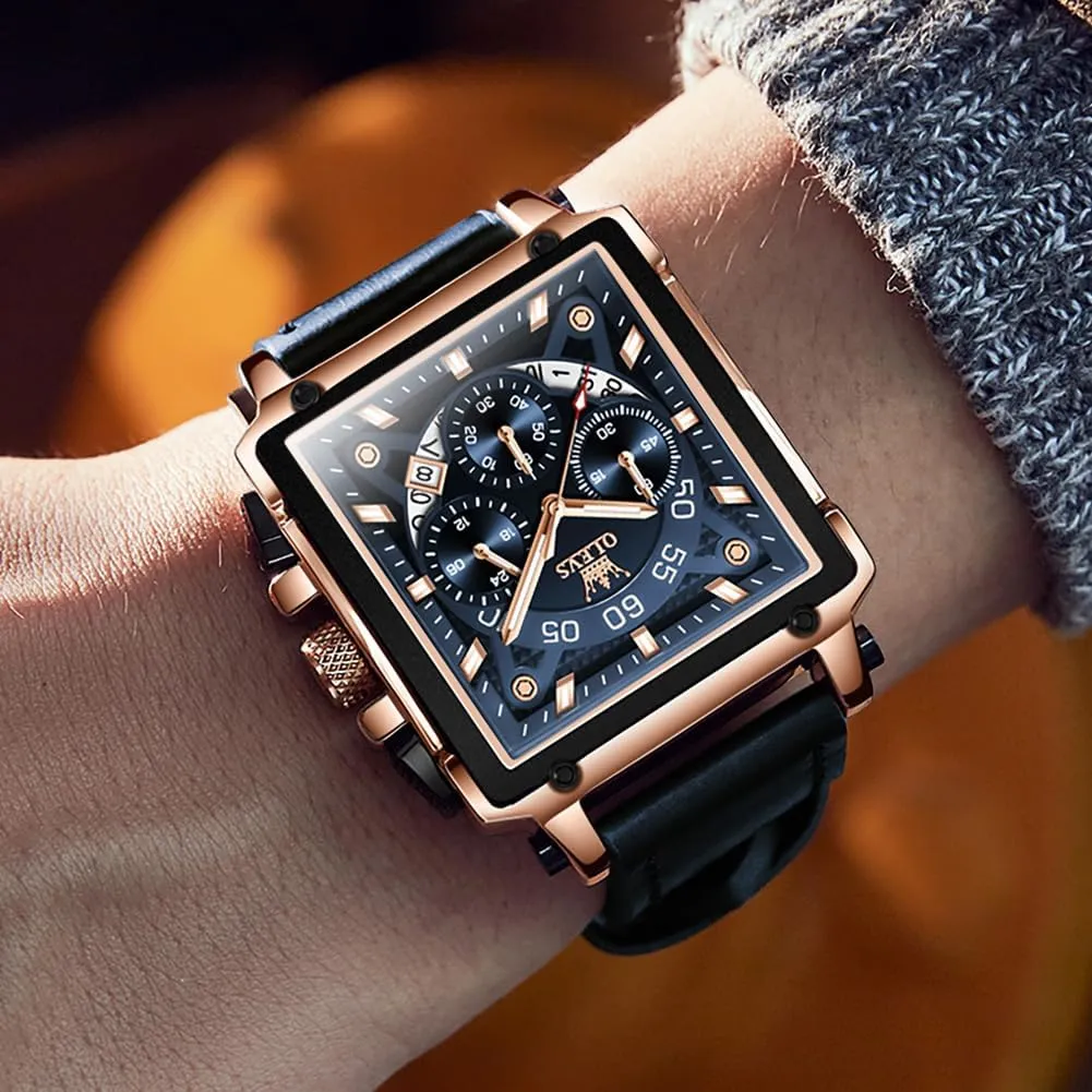 OLEVS Square Watches for Men Brown Leather Chronograph Fashion Business Watch Luminous Waterproof Casual Wrist Watches