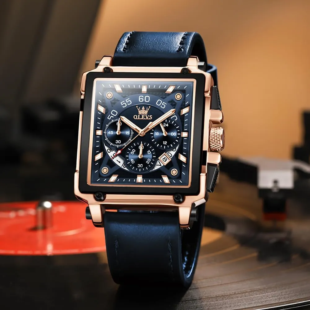 OLEVS Square Watches for Men Brown Leather Chronograph Fashion Business Watch Luminous Waterproof Casual Wrist Watches