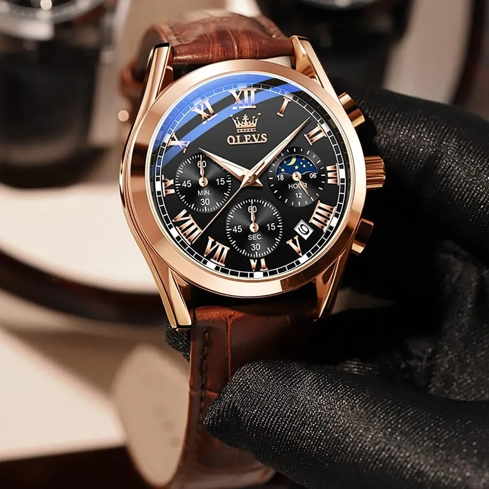 OLEVS Watch for Men Chronograph Brown Leather Gold Case Analog Quartz Fashion Business Dress Large Face Men Watch Day Date Luminous Waterproof Casual Male Wrist Watch Black/Blue/White Dial