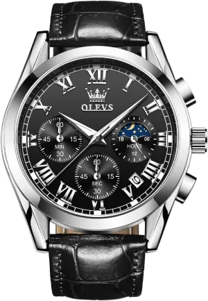 OLEVS Watch for Men Chronograph Brown Leather Gold Case Analog Quartz Fashion Business Dress Large Face Men Watch Day Date Luminous Waterproof Casual Male Wrist Watch Black/Blue/White Dial