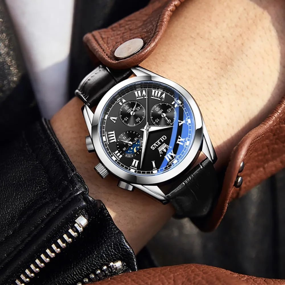 OLEVS Watch for Men Chronograph Brown Leather Gold Case Analog Quartz Fashion Business Dress Large Face Men Watch Day Date Luminous Waterproof Casual Male Wrist Watch Black/Blue/White Dial