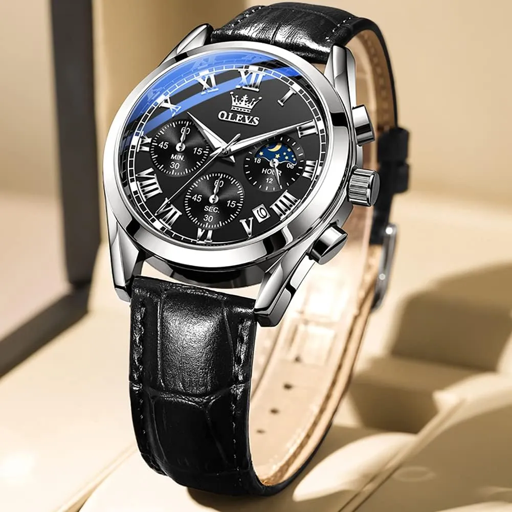OLEVS Watch for Men Chronograph Brown Leather Gold Case Analog Quartz Fashion Business Dress Large Face Men Watch Day Date Luminous Waterproof Casual Male Wrist Watch Black/Blue/White Dial