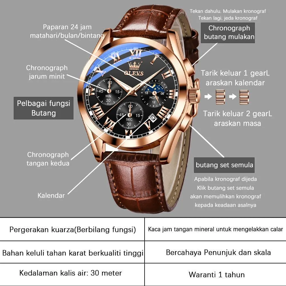 OLEVS Watch for Men Chronograph Brown Leather Gold Case Analog Quartz Fashion Business Dress Large Face Men Watch Day Date Luminous Waterproof Casual Male Wrist Watch Black/Blue/White Dial
