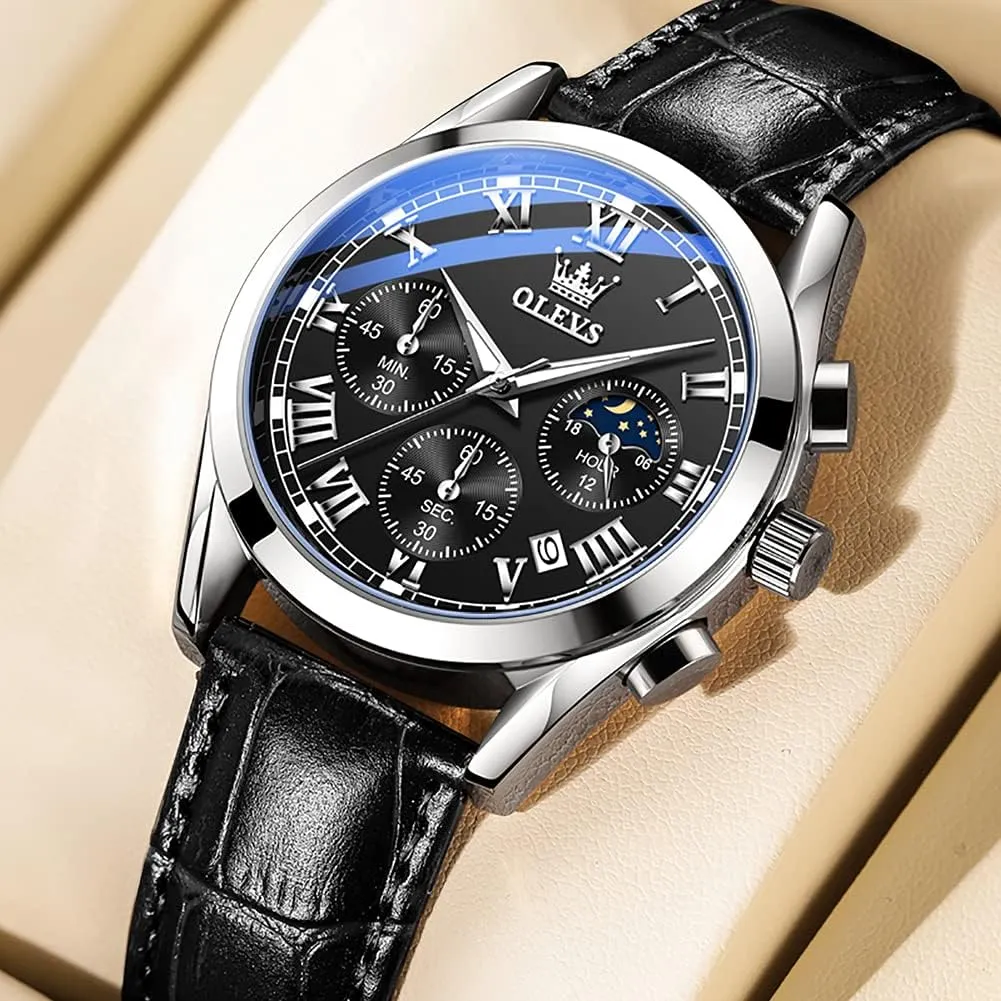 OLEVS Watch for Men Chronograph Brown Leather Gold Case Analog Quartz Fashion Business Dress Large Face Men Watch Day Date Luminous Waterproof Casual Male Wrist Watch Black/Blue/White Dial