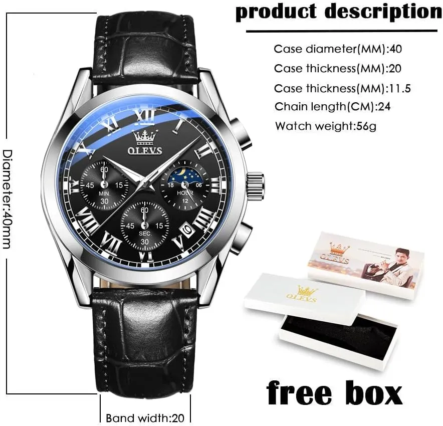 OLEVS Watch for Men Chronograph Brown Leather Gold Case Analog Quartz Fashion Business Dress Large Face Men Watch Day Date Luminous Waterproof Casual Male Wrist Watch Black/Blue/White Dial