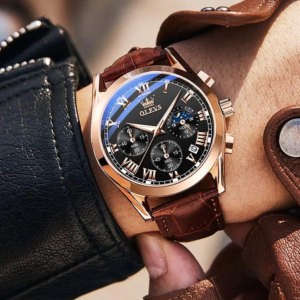 OLEVS Watch for Men Chronograph Brown Leather Gold Case Analog Quartz Fashion Business Dress Large Face Men Watch Day Date Luminous Waterproof Casual Male Wrist Watch Black/Blue/White Dial
