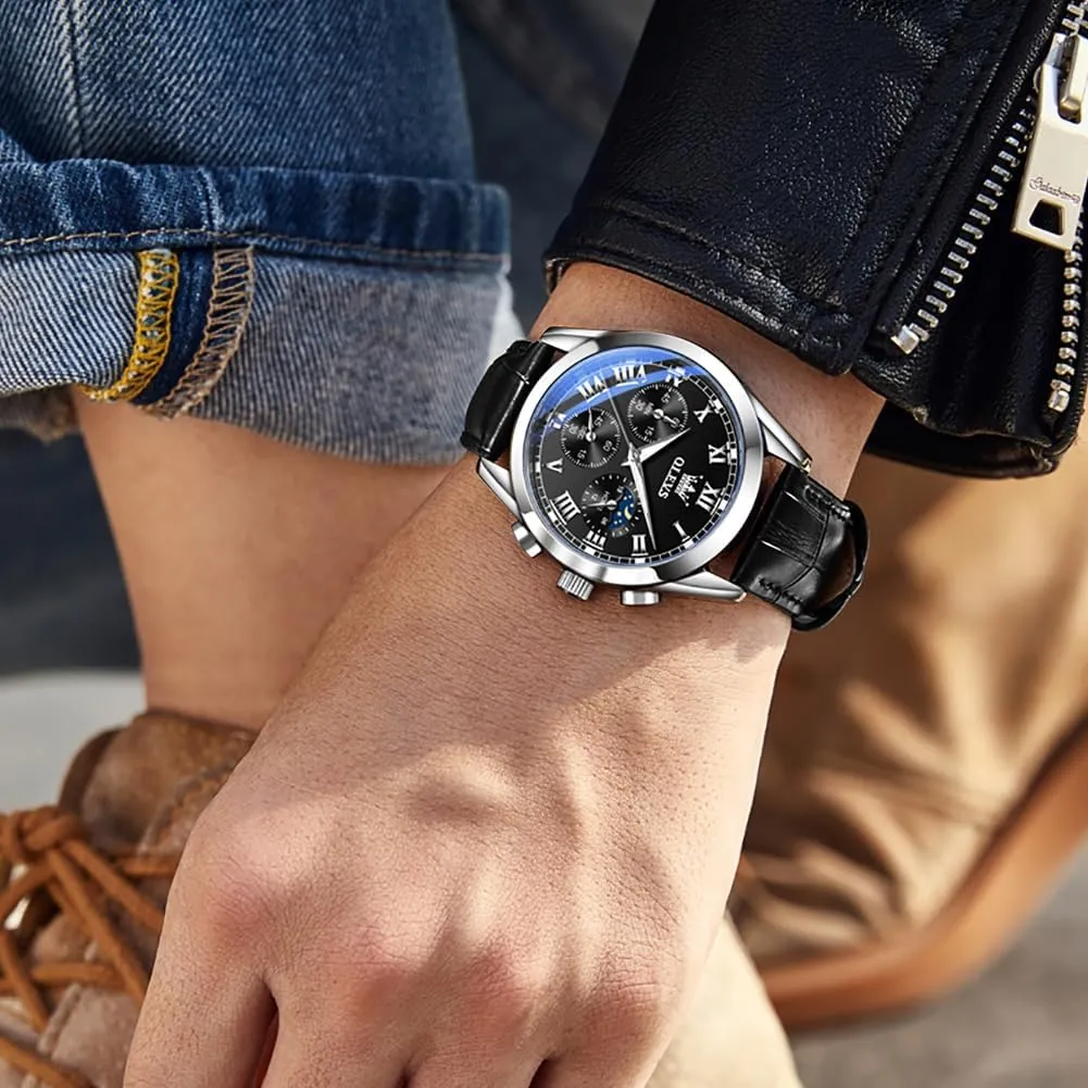 OLEVS Watch for Men Chronograph Brown Leather Gold Case Analog Quartz Fashion Business Dress Large Face Men Watch Day Date Luminous Waterproof Casual Male Wrist Watch Black/Blue/White Dial
