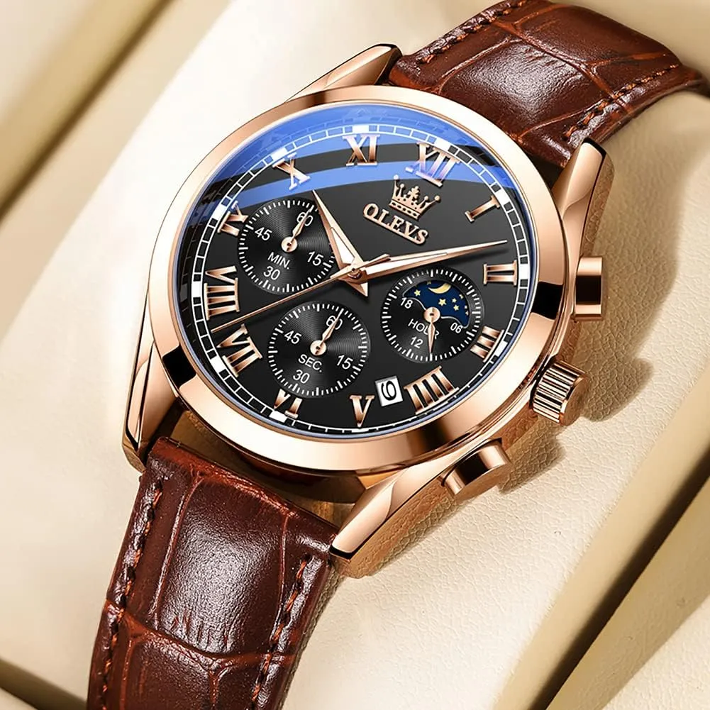 OLEVS Watch for Men Chronograph Brown Leather Gold Case Analog Quartz Fashion Business Dress Large Face Men Watch Day Date Luminous Waterproof Casual Male Wrist Watch Black/Blue/White Dial