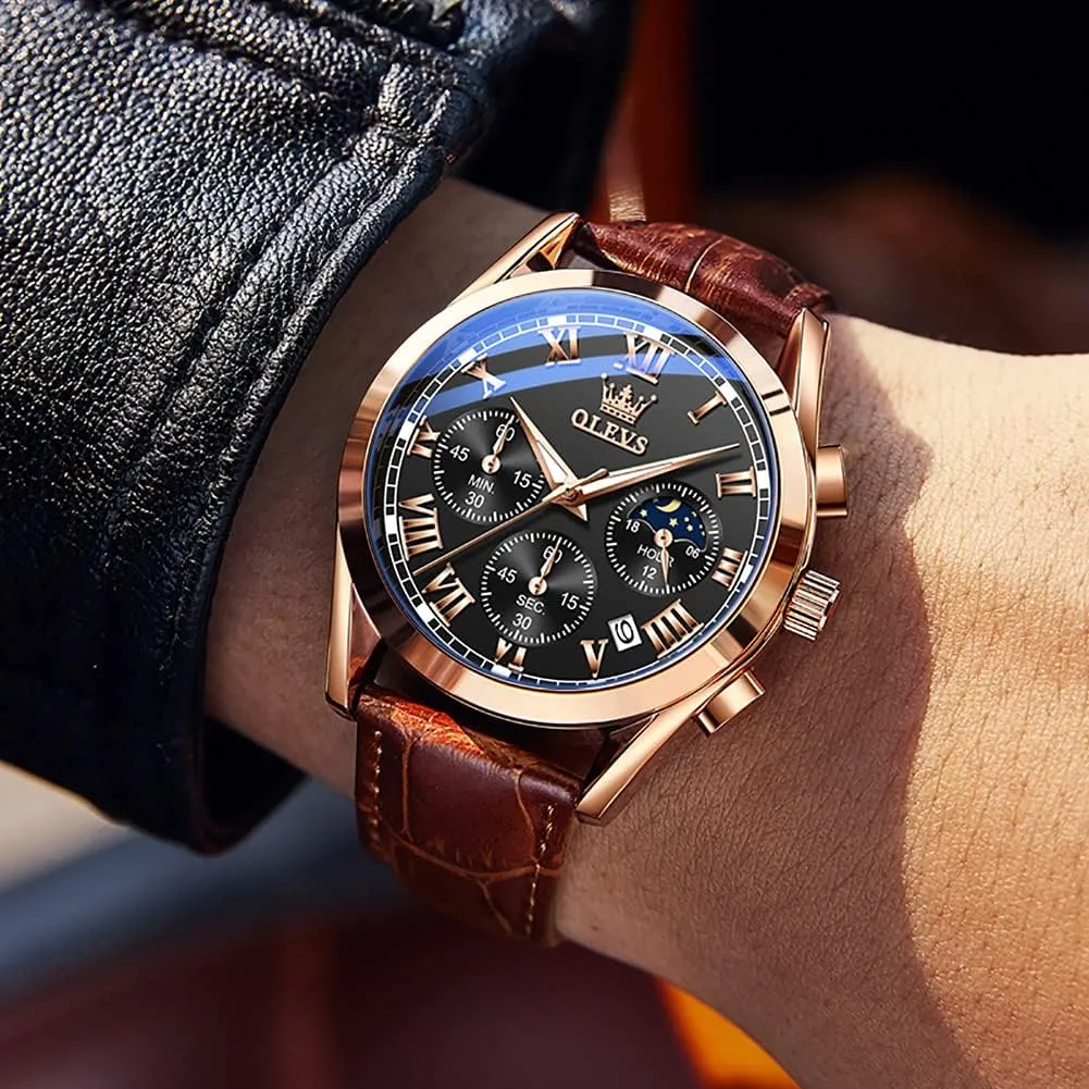 OLEVS Watch for Men Chronograph Brown Leather Gold Case Analog Quartz Fashion Business Dress Large Face Men Watch Day Date Luminous Waterproof Casual Male Wrist Watch Black/Blue/White Dial