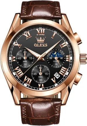 OLEVS Watch for Men Chronograph Brown Leather Gold Case Analog Quartz Fashion Business Dress Large Face Men Watch Day Date Luminous Waterproof Casual Male Wrist Watch Black/Blue/White Dial