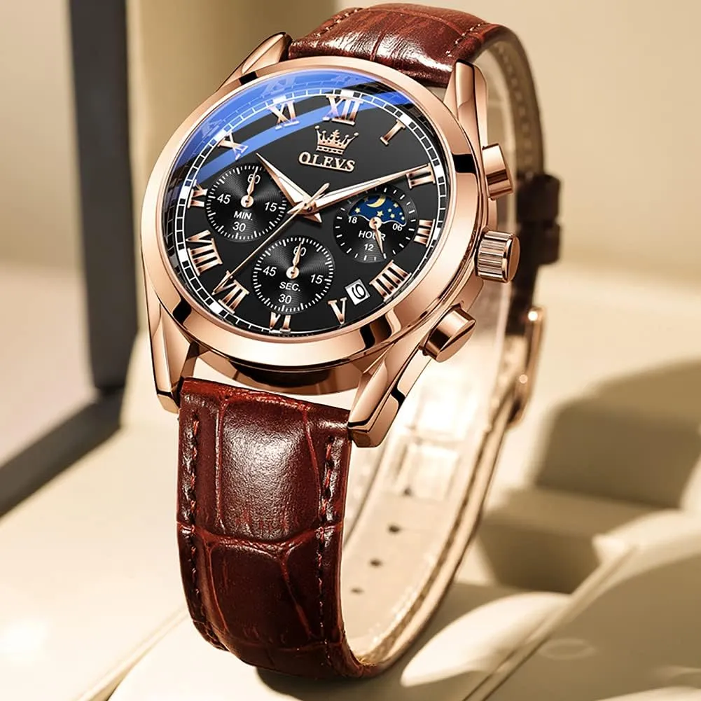 OLEVS Watch for Men Chronograph Brown Leather Gold Case Analog Quartz Fashion Business Dress Large Face Men Watch Day Date Luminous Waterproof Casual Male Wrist Watch Black/Blue/White Dial