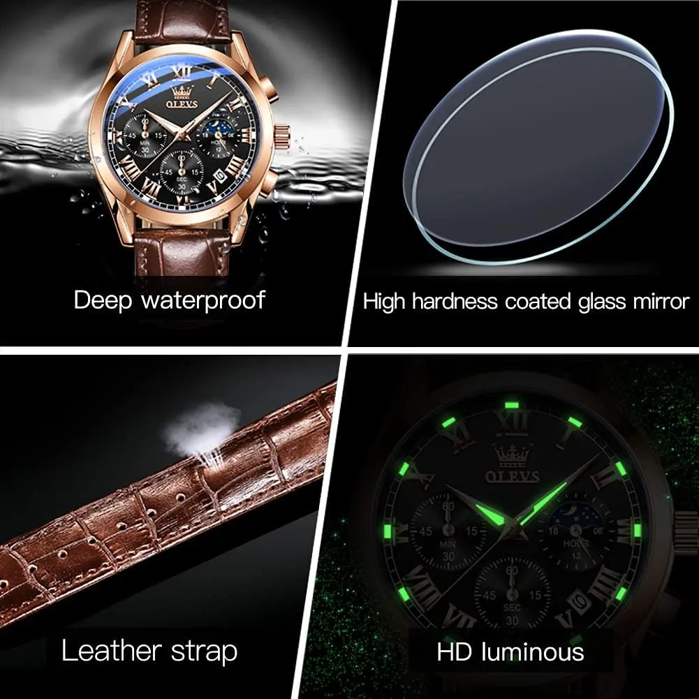 OLEVS Watch for Men Chronograph Brown Leather Gold Case Analog Quartz Fashion Business Dress Large Face Men Watch Day Date Luminous Waterproof Casual Male Wrist Watch Black/Blue/White Dial